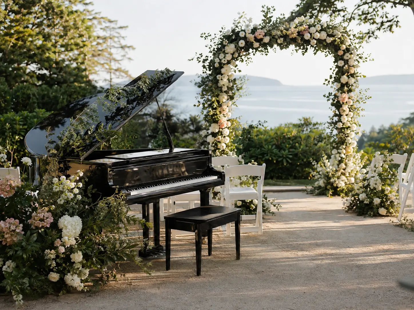 Grand piano at a West Coast garden wedding